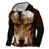 baratos Estampa animal-Homens Lobo 3D Moletons à moda Casual Manga Longa Com Capuz Feriado Streetwear Preto Marron Com Cordão Arte Gráfica Outono Inverno Designer
