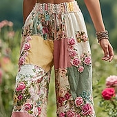 baratos perna larga e cintura alta-Mulheres Perna larga Calças Calça Palazzo Vintage Boho Comprimento total Cintura Alta Bloco de cor Flor Cintura elástica Estampado Respirabilidade Confortável Rua Roupa Diária Para Noite Rosa