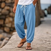 billiga Retro-Herr Linne Byxor Långbyxor Sommarbyxor Joggarbyxor Elastisk midja Rakt ben Högsta stiga Ensfärgat Slät Komfort Andningsfunktion Fullängd Bröllop Helgdag Semester Mode Svart Vit Oelastisk
