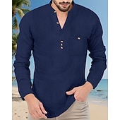 economico Camicie Popover da Uomo-Per uomo Camicia Camicia popover Camicia Estiva Camicia casual Camicia da Spiaggia Nero Bianco Giallo Blu marino Azzurro cielo Manica Lunga Semplice Colletto alla coreana Vacanza Camicia hawaiana
