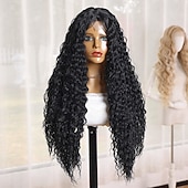 abordables Perruques synthétiques à dentelle-Perruque en dentelle synthétique Boucles profondes Style 28 pouce Noir Raie au milieu partie U Perruque Femmes Perruque Noir