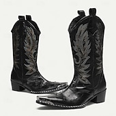 billiga Premium läderstövlar-Svarta westerncowboystövlar för män med broderade löv – höga stövlar i premiumkohud för countrymusikevenemang, rodeos och vintagefester