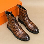 levne Dámské boty-Pánské hnědé šněrovací boty s krokodýlím vzorem, vintage business casual boty do kanceláře a na formální příležitosti