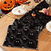 levne Běhouny na stůl-Halloweenský běhoun na stůl, vlaječka na stůl s 3D výšivkou duchů - dekorace z umělé kožešiny s černým okem a malým ďáblem, černobílý sváteční ubrus na dekoraci na párty a stolování