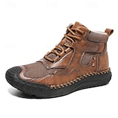 baratos Botas de cano curto-Botas casuais masculinas de couro sintético marrom de cano alto com sola de borracha antiderrapante - calçados duráveis para caminhadas ao ar livre, viagens e uso diário
