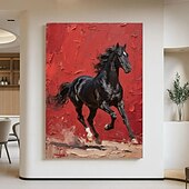 お買い得  動物画-オリジナルの赤黒の質感のある馬の油絵、キャンバスに描かれた野生の種馬の壁アート、馬のパレットナイフのアートワーク、モダンで大胆な乗馬の装飾