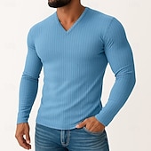 economico T-shirt in maglia a coste-Per uomo Maglietta Maglietta a Maglia a Coste Camicia a Maniche Lunghe Manica Lunga Scollo a V Primavera Autunno Inverno Semplice Striscia di Fossa Moda Designer Essenziale Lavoro a maglia Vacanza