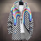 billiga fleecejacka för män-Herr Pläd / Rutig Vinterkappa Fleece-jacka Kappa Håller värmen Bekväm Ledigt Dagliga kläder Dragkedja Ficka 3D-utskrift Höst Vinter Huva Långärmad Regnbåge