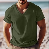 お買い得  コットンリネンTシャツ-男性用 ティートップ リネンTシャツ 半袖 Ｖネック 夏 平織り ファッション デザイナー ベーシック ソフト バケーション ストリート カジュアル／普段着 ピンク ホワイト ライトブルー メンズトップTシャツ
