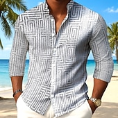 preiswerte Geometrische Muster-Herren Ethnisch Griechischer Schlüssel Bundmuster Hemd Knopfhemd Stehkragenhemd Langarm Vintage-Retro Täglich Outdoor Urlaub Frühling Herbst Mandarinkragen Stehkragen 3D-Druck Leinenähnliches Hemd