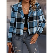 Χαμηλού Κόστους casual μπουφάν-Γυναικεία Casual Jacket Άνετο Αναπνέει Στάμπα Καθημερινό Καρό Διακοπές Δρόμος Causal Καθημερινά Ρούχα Μονόπετο Κοντό Απορρίπτω Κανονικό Μακρυμάνικο Εξωτερικά ενδύματα Ουρανί Φούξια Χακί