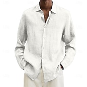 economico camicia da uomo con bottoni-Camicia da uomo in cotone e lino, nera, rosa, blu navy, manica lunga, tinta unita, stile turndown, abbigliamento da vacanza, abbigliamento in poliestere, moda casual