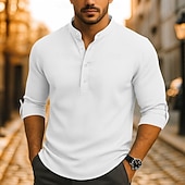 economico Camicie Popover da Uomo-Per uomo Camicia Camicia popover Camicia casual Camicia da Spiaggia Camicia a maglia a nido d&#039;ape Nero Bianco Blu marino Arancione Manica Lunga Semplice Collo alla coreana Vacanza Camicia hawaiana