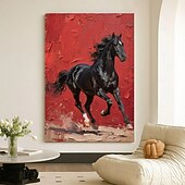 お買い得  動物画-オリジナルの赤黒の質感のある馬の油絵、キャンバスに描かれた野生の種馬の壁アート、馬のパレットナイフのアートワーク、モダンで大胆な乗馬の装飾