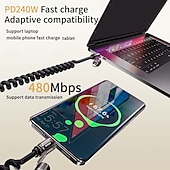 baratos Cabos de telemóvel-Cabo de carregamento super rápido com tela de 240 W, cabo de dados com mola para iPhone, Huawei, Xiaomi, Samsung, cabo de carregamento 4 em 1 tipo C para tipo C