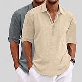 preiswerte Klassiker-Herren Hemd Leinenhemd Sommerhemd Strandbekleidung Einfach Urlaub Lässig Khaki + Schwarz Blau+Khaki Grau+Khaki Weiss + schwarz Langarm Revers Sommer Frühling Bekleidung