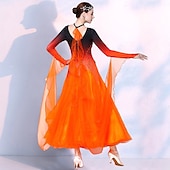 お買い得  競技用ウェア-社交ダンスドレス、女性用パフォーマンス、モダンダンス競技用ドレス、長袖、ワルツダンスウェア、衣装