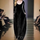 preiswerte Frauen schwarzes Kleid-Damen Maxikleid Shiftkleid Party Geburtstag Lässig Party Hochzeitsgast Geburtstag Normale Passform Einfach Langarm Rundhalsausschnitt Schwarz Rote Blau Grün Frühling Herbst Winter