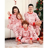 お買い得  親子お揃い服-ファミリールック パジャマ クリスマス柄 家 プリント ルビーレッド 長袖 活発的 マッチング衣装