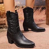 Недорогие Ковбой и западные ботинки-Женские коричневые ковбойские сапоги – сапоги в стиле вестерн до середины голени с вышитым рисунком и блочным каблуком для родео, кантри-концертов и осенне-зимних образов