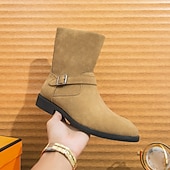 cheap Ankle Boots-Men&#039;s Khaki Faux Suede Mid-Calf Boots with Side Buckle Straps, Retro Cowboy Style Boots for Casual Outfits and Party Occasions