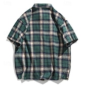 preiswerte Herrenhemd zum Knöpfen-Herren Hemd Sommerhemd Freizeithemd Strandhemd Knopfhemd Gelb Rote Grün Kurzarm Karomuster Revers Urlaub Hawaiianisch Tasche Bekleidung Polyester Mode Lässig Bequem