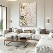 preiswerte Blumen-/Botanische Gemälde-florales abstraktes Ölgemälde auf Leinwand beige weiß strukturierte Wandkunst minimalistisch weiche Palette Messer Wandkunst große moderne neutrale Wohndeko