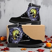baratos Sapatos para Homens-Botas de combate masculinas com estampa de caveira flamejante – botas de cano curto estilo gótico de Halloween para festas, cosplay e uso ao ar livre