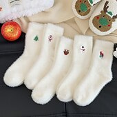 abordables calcetines caseros-Calcetines navideños de invierno para mujer, calcetines gruesos y cálidos con muñeco de nieve. &amp;Calcetines navideños de felpa de visón blanco acogedores con diseño de Papá Noel y bonitos calcetines