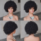 abordables Perruques sans bonnet-Perruque courte bouclée afro 1b# fabriquée à la machine, 10 pouces, pour femmes noires