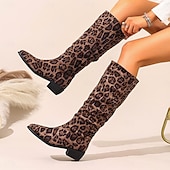 tanie Buty modowe-Damskie buty do kolan z nadrukiem w panterkę – szpiczaste noski, niski obcas, modne buty na jesień i zimę, idealne na co dzień, na ulicę i na imprezę