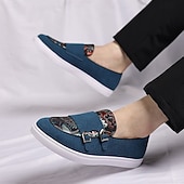 Herre denim loafers med dobbel munk stropp og etnisk trykk – moteriktige, uformelle slip-on-sko for urban stil, fester og vårantrekk billige Uttalelsessko-Herre denim loafers med dobbel munk stropp og etnisk trykk – moteriktige, uformelle slip-on-sko for urban stil, fester og vårantrekk
