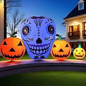 tanie Halloween na świeżym powietrzu-1 szt. 1,4 m * 2,6 m nadmuchiwana czaszka z dynią, wodoodporna, świecąca, z tworzywa sztucznego, z diodami LED RGB, model powietrzny do wnętrz i na zewnątrz, na dziedziniec, trawnik, impreza