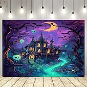 levne halloweenské nástěnné tapisérie-Halloweenský gobelín s motivem strašidelného domu, dýní a netopýrů, strašidelný gotický závěsný tapiserie s úplňkem do obývacího pokoje, ložnice, párty dekorace, strašidelný hrad, děsivá estetika,