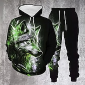 billiga Herrars 3D-tröjset-Herr Djur Varg 2st 3D-tröja set Träningsoverall Hoodie-tröja Långärmad Långa byxor Huva Ledigt vardag Fritids- Dagliga kläder 3D-utskrift Vår Höst Vinter Orange Grön