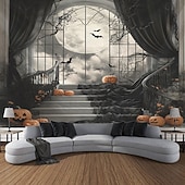 זול שטיחי קיר-שטיח רקע ליל כל הקדושים, תליית קיר של טירת רפאים בלילה, דלעת מכשפה, ציור קיר דקורטיבי גדול לחדר שינה, סלון, מסיבה וקישוט הבית