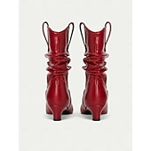 abordables Bottes souples-Bottines souples rouges pour femmes avec tige froncée douce, talon bas, chaussures de style urbain chic pour femmes, parfaites pour les tenues décontractées et urbaines de tous les jours