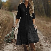 baratos design de vestidos de algodão e linho-Mulheres Vestido midi Vestido casual Vestido de linho de algodão Clássico Moderno Ao ar livre Férias Feriado Normal Tecido Manga Longa Decote V Preto Roxo Laranja Azul Claro Outono