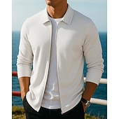 cheap Running Jackets-Men's Solid Colored Casual Coats Lounge Jacket Full Zip Jacket Fall / Winter Waffle Long Sleeve Athleisure Outdoor Travel Sports Blue Black White Sportswear Activewear
