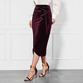 abordables Jupes unies-Femmes Jupe Élégant ancien Mode Sexy Midi Taille Moyenne Jupes Uni Froncé Fendu Micro-Élastique École Noël Rouge bordeaux Printemps Polyester Velours