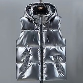 billiga Herrarnas puffer väst-Herr Pufferväst Väst Gilet Semester Dagligen Datum Mode Ledigt Höst vinter Ficka Polyester Håller värmen Bekväm Ensfärgat Dragkedja Huva Normal Silver Svart Väst