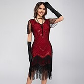 abordables Vestidos de los años 20-Rugido 20s 1920s Hasta la Rodilla Vestido Flapper Mangas cortas El gran Gatsby Chica de la aleta Lentejuelas Franja Funda Columna Escote en Pico Disfraz Mujer Navidad Carnaval Fiesta de Noche Boda