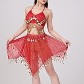 abordables Tenues de danse du ventre-Danse du Ventre Jupes Jeton en cuivre Couleur unie Épissage Femmes Performance Entraînement Sans manches Haut Polyester