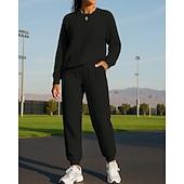 tanie dresy-Damskie Dres Spodnie dresowe Stroje sportowe Splot kablowy Solidne kolory Zestawy odzież Jesień Czarny Biały Na zewnątrz Podróże Sportowy Wysoka talia Moda Długi rękaw Sport Odzież sportowa Średnio