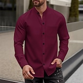 Недорогие мужские повседневные рубашки-Муж. Рубашка Летняя рубашка Повседневная рубашка Пляжная рубашка Кнопка рубашка Черный Белый Винный Темно-зеленый Хаки Длинный рукав Полотняное плетение Воротник-стойка Отпуск Гавайский Карман Одежда