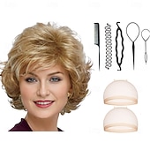 cheap Older Wigs-Mid Length Color Me Beautiful WhisperLite Wig Beautiful Mid-Length Layered Waves with Elegant Wispy Bangs  With 2PCS HD Wig Cap and Hairdressing Tool Set
