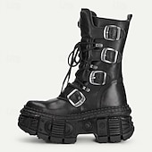 preiswerte Hochwertige Lederstiefel-Gothic-Punk-Kampfstiefel für Herren, echtes Rindsleder mit Schnallenriemen und klobiger Plateausohle, alternatives Modeschuhwerk für Partys, Festivals und Streetwear