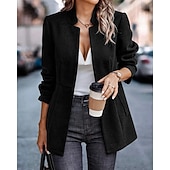 billiga Blazers och kostymer-Dam Kavaj Bekväm Volang Lappverk Elegant Mode Klassisk Modern Skola Formell Kontor Arbete Cardigan Lång Hög krage Normal Långärmad Ytterkläder Djupröd Svart och grått Svart Vår Höst