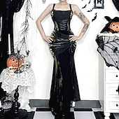 levne Šaty-gotický Maxi Šaty Top s pokrčením ramen Zvonové Čerodějnice Morticia Addamsová Krajka Samet Květinový Maškarní kostým Dámské Fantazie předvečer Všech svatých Karneval Výkon Párty Dospělí Vrchní deska