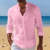 preiswerte Urlaub-Herren Hemd Leinenhemd Sommerhemd Strandbekleidung Knopfhemd Einfach Urlaub Täglich Schwarz Weiß Rosa Blau Langarm Stehkragen Sommer Frühling &amp; Sommer Bekleidung